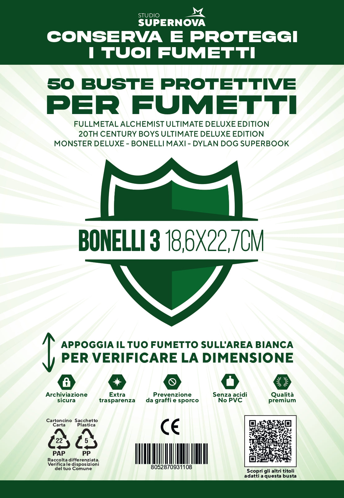 50 BUSTE PROTETTIVE BONELLI 3 (18,6 x 22,7 cm)
